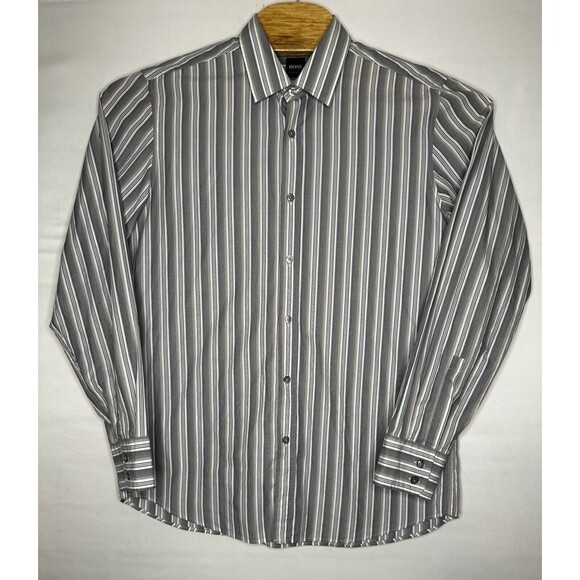 BOSS Hugo Boss Regular Fit Gray Striped Button Up Shirt Men’s Size Large - Picture 1 of 7